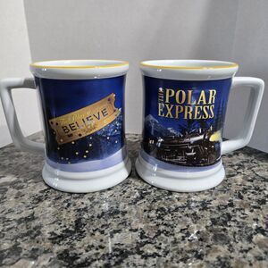 2 Polar Express "Believe" 12oz Ceramic Coffee Mugs 3D Train Hot Chocolate Mugs